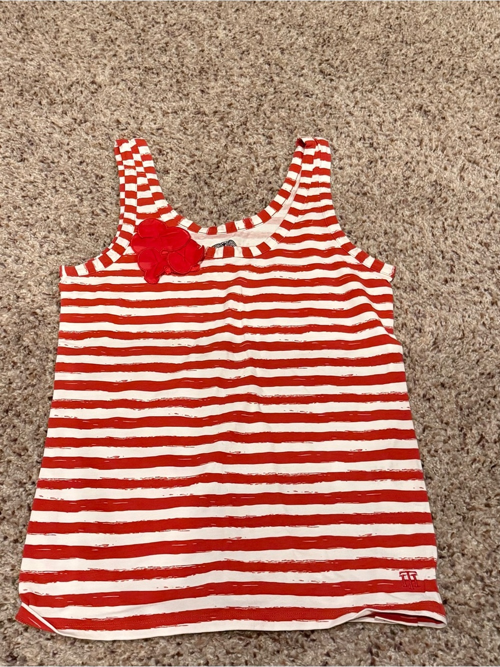 Women's Red & White Striped Tank Top with Flower Accent
